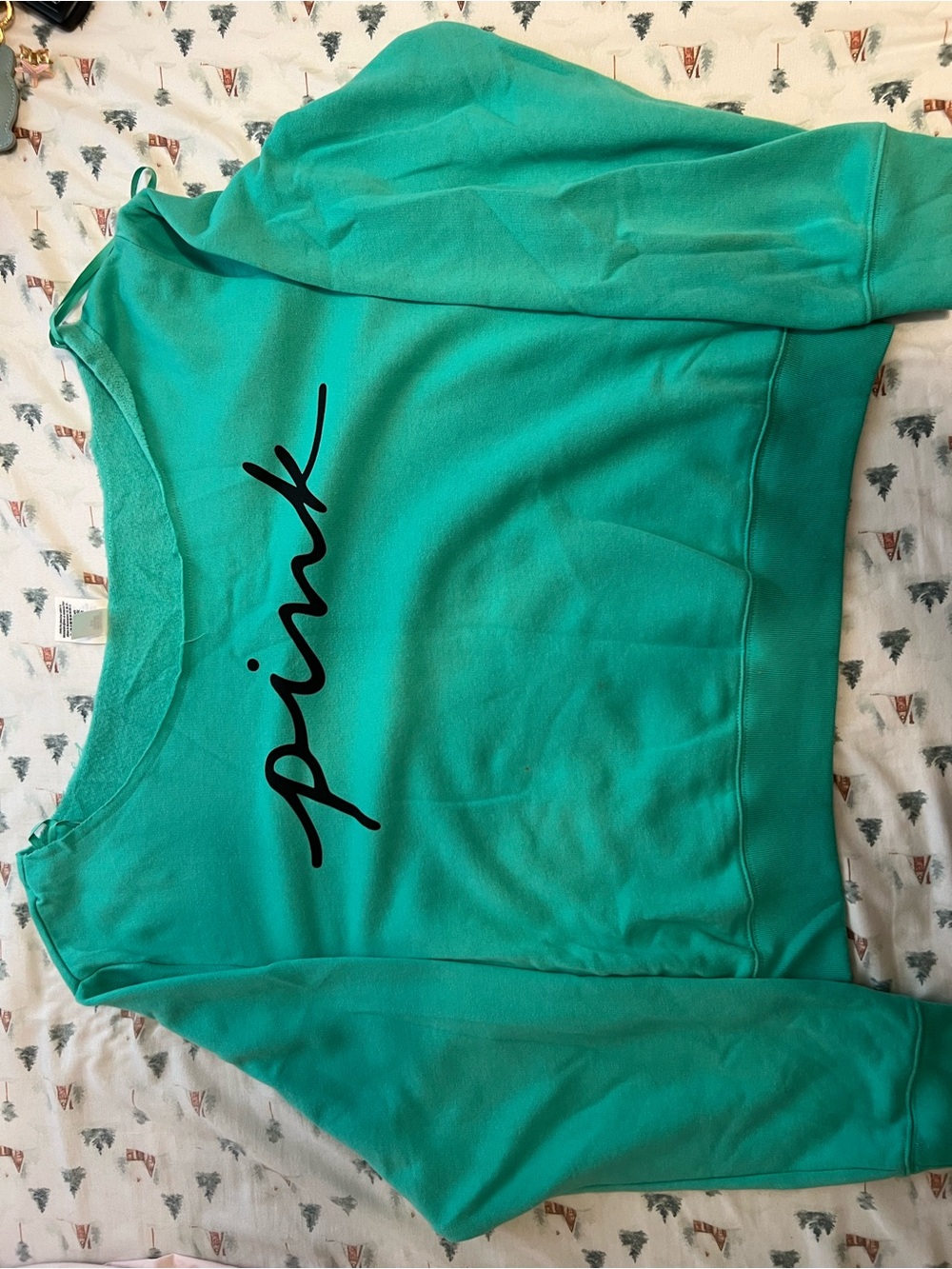 PINK Victoria's Secret Teal Off-the-Shoulder Sweatshirt with Black Logo